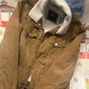 Hollister Tan Corduroy Jacket with White Sherpa Collar